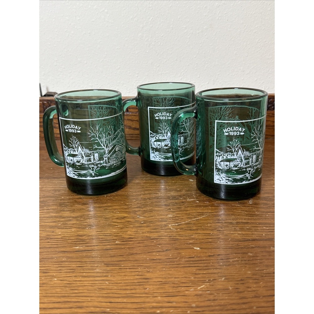 Vintage Holiday 1993 Green Glass Mug Teal Green Coffee Cup Winter Snow set of 3